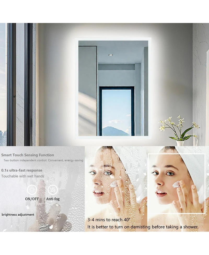 Luvodi 24" x 32" Rectangular Wall Mirror Anti-Fog Led Mirror Stepless Dimmable Lighted Bathroom Mirror