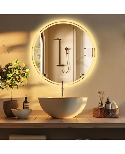 Luvodi 32" Circle Led Mirror for Bathroom with Back Lit Illuminated Dimmable 3 Colors Anti-Fog Smart Touch