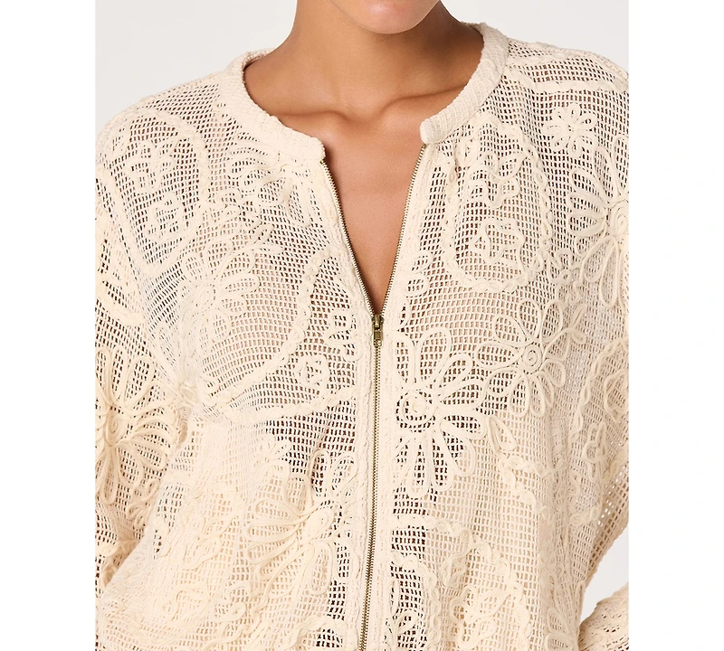 Astr the Label Women's Aeva Round Neck Long-Sleeve Crochet Bomber Jacket