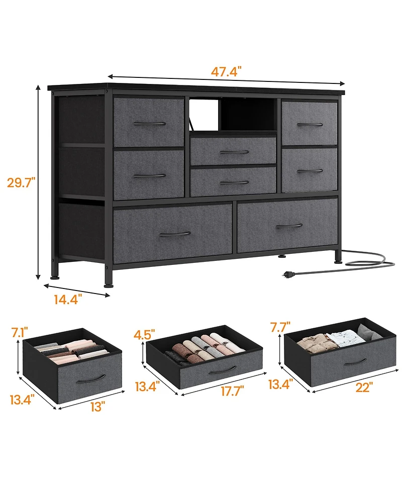 homfan Modern Tv Stand Dresser with Led Lighting and Built-in Charging Station - Durable Storage Chest Deep Drawers for Bedroom Living Room