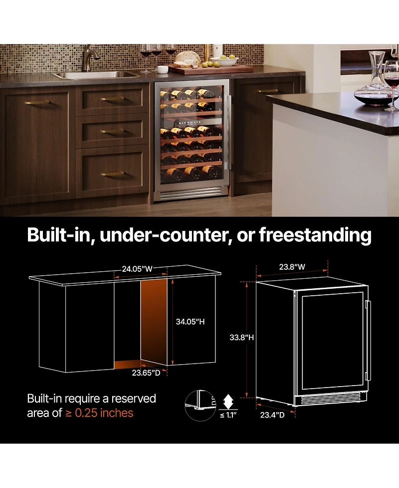 Ca'Lefort 24 Inch 52 Bottle Wine Cooler Refrigerator, 40-65degree(s)F Dual Zone Wine Refrigerator,3 Led Built-in for Home/Bar (5.65 Cubic Feet)