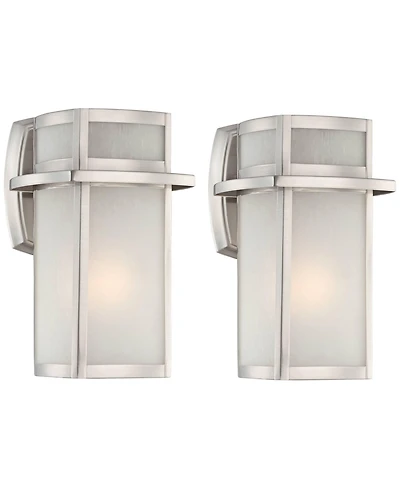 Possini Euro Design Delevan Modern Outdoor Wall Lights Fixture Set of 2 Brushed Nickel Frosted Seedy Glass for Post Exterior Barn Deck House
