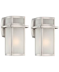 Possini Euro Design Delevan Modern Outdoor Wall Lights Fixture Set of 2 Brushed Nickel Frosted Seedy Glass for Post Exterior Barn Deck House