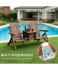 Yiortwo Double Adirondack Loveseat with Built-In Ice Bucket Table, Wooden Patio Chair