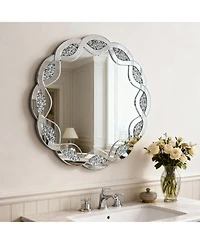 Phying Modern Wave Frame Round Wall Mirror 31.5 Inch Crush Diamond Decorative Mirror Heavy Duty Frame with Hangers for Living Room Bathroom Bedroom