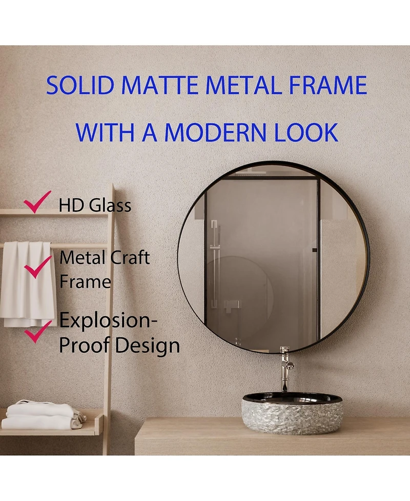 Phying 31.5 Inch Round Medicine Cabinet Surface Mount Metal Framed Wall Mirror with Adjustable Shelves Bathroom Storage Mirror Cabinet