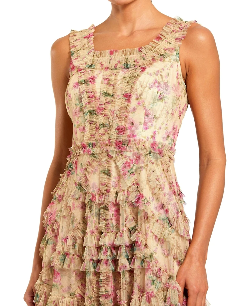 Mac Duggal Women's Floral Printed Sleeveless Ruffle Midi Dress