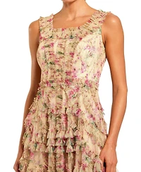 Mac Duggal Women's Floral Printed Sleeveless Ruffle Midi Dress