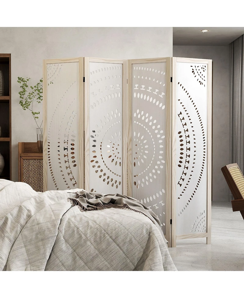 sumyeg 66-Inch Boho 4-Panel Room Divider Privacy Screen with Carved Pattern Design