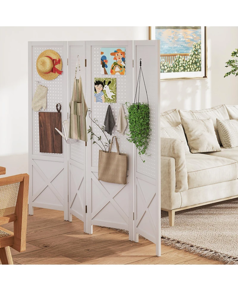 sumyeg 4-Panel Pegboard Display Stand Room Divider with Solid Wood Frame