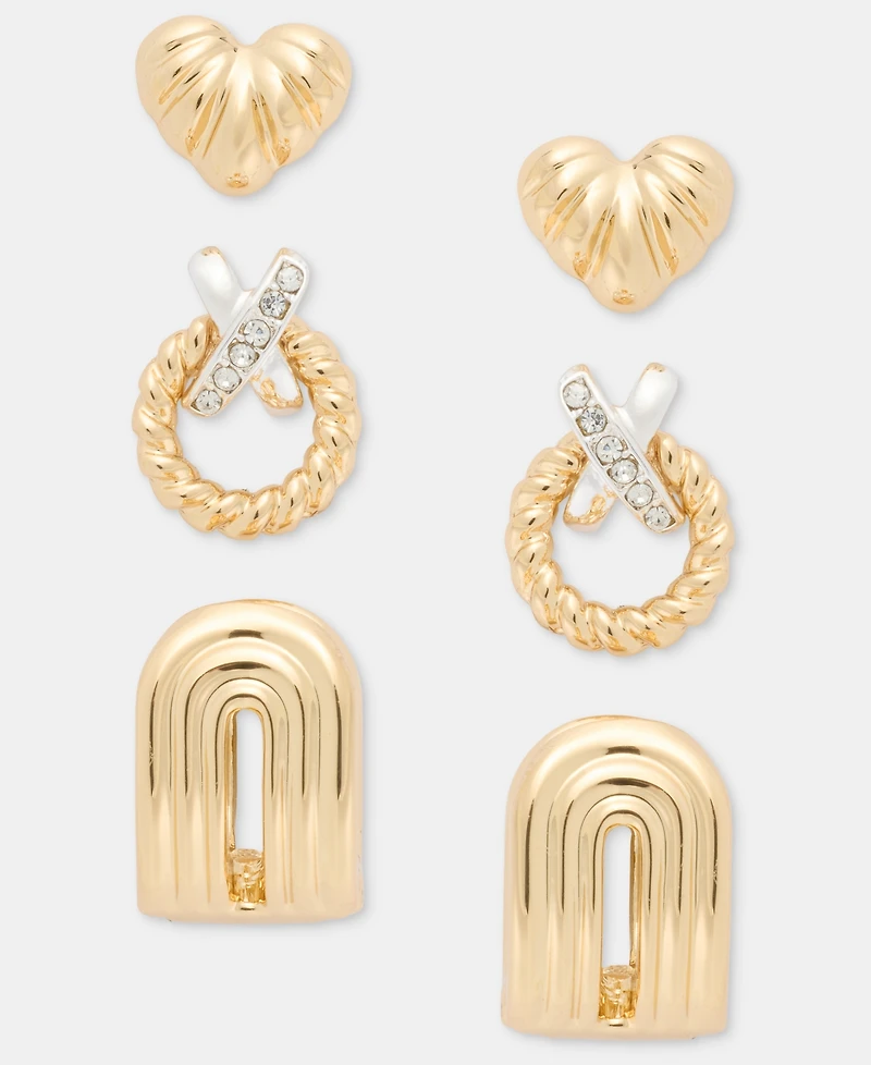 Anne Klein Fluted Heart, Crisscross Wreath & Textured Earrings, 3-Piece Set