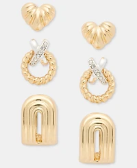 Anne Klein Fluted Heart, Crisscross Wreath & Textured Earrings, 3-Piece Set