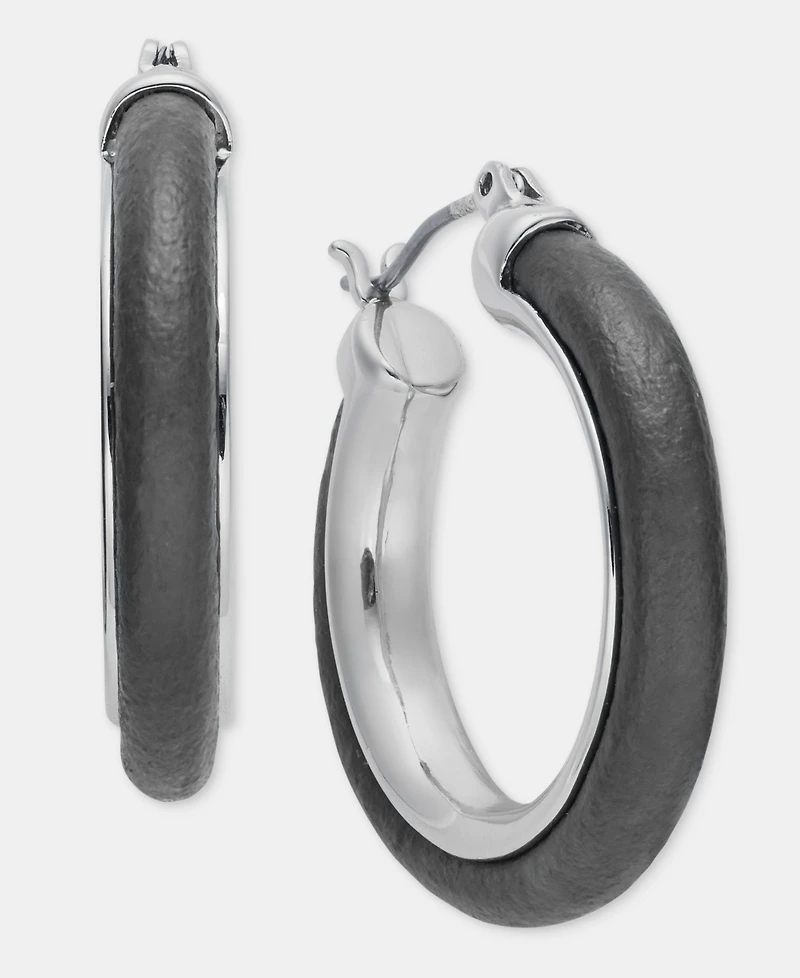Anne Klein Medium Leather Inlay Hoop Earrings, 1.15"