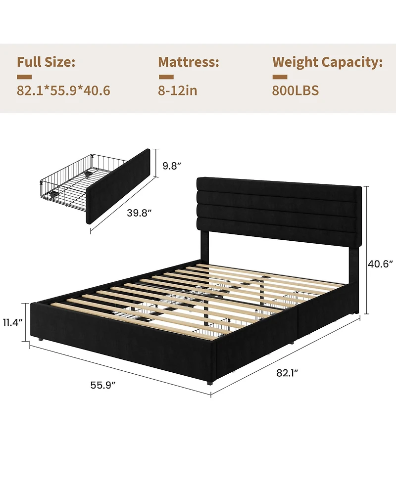 Velvet Bed Frame, Platform with 4 Drawers Tufted Headboard, Upholstered Bed