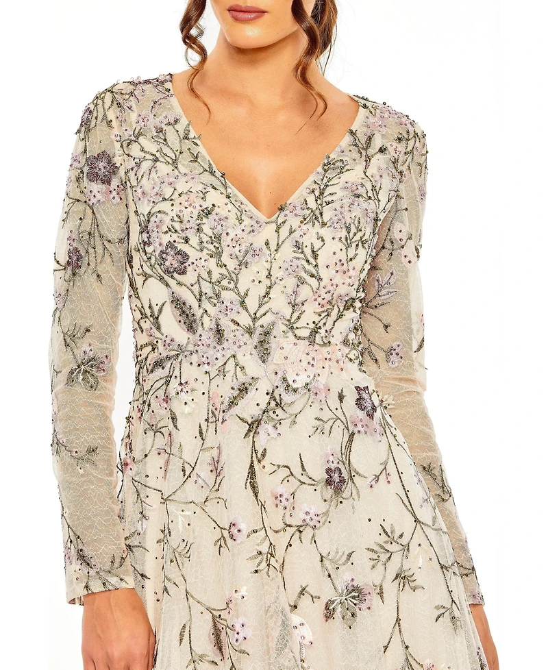 Mac Duggal Women's V Neck Long Sleeve Embroidered A Line Gown