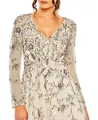 Mac Duggal Women's V Neck Long Sleeve Embroidered A Line Gown