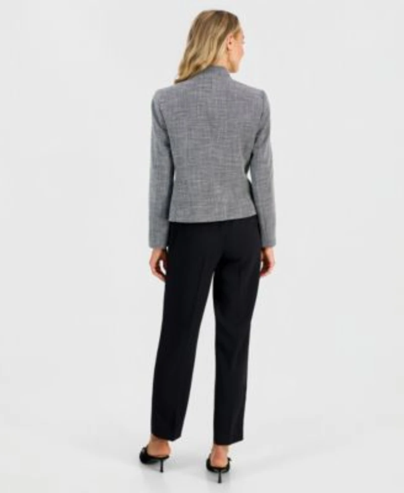 Kasper Womens Cutout Collar Long Sleeve Tweed Jacket Pleat Neck Sleeveless Blouse Ava Straight Leg Zip Pocket Pants