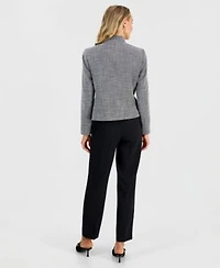Kasper Womens Cutout Collar Long Sleeve Tweed Jacket Pleat Neck Sleeveless Blouse Ava Straight Leg Zip Pocket Pants