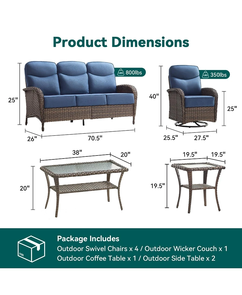 Pocassy Patio Furniture Set with Cushion, Outdoor Couch and High Back Swivel Rocker Chairs, 8PCS Wicker Conversation