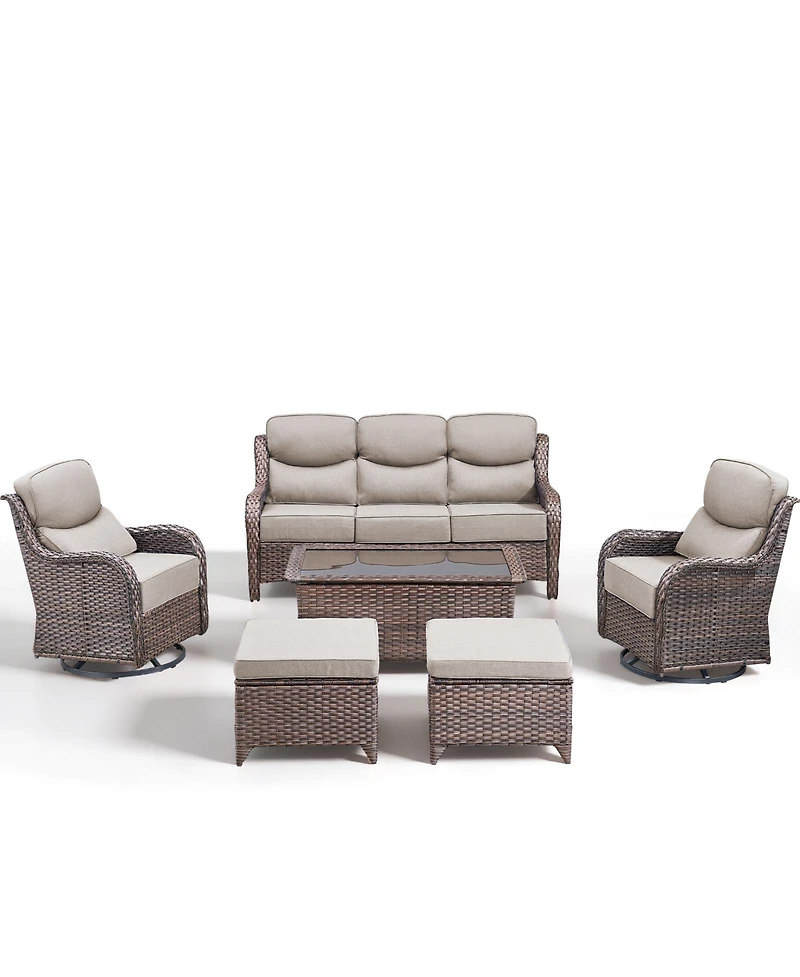 Pocassy 6 Pieces Outdoor Furniture Set Wicker Sofa with Swivel Rocking Chairs,Patio Ottomans,Outdoor Coffee Table