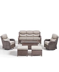 Pocassy 6 Pieces Outdoor Furniture Set Wicker Sofa with Swivel Rocking Chairs,Patio Ottomans,Outdoor Coffee Table