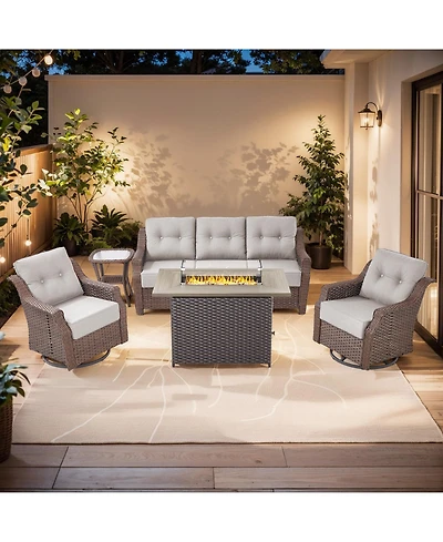 Pocassy 5-Piece Wicker Patio Conversation Set with Thick Cushions and Fire Pit Table
