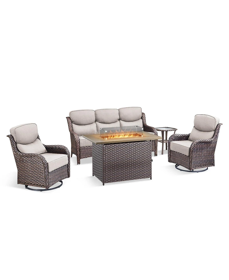 Pocassy 5 Pieces Patio Furniture Set with Fire Pit, Outdoor Wicker Sofa Couch Swivel Chair, Cushion, High Back All Weather Conversation