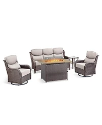 Pocassy 5 Pieces Patio Furniture Set with Fire Pit, Outdoor Wicker Sofa Couch Swivel Chair, Cushion, High Back All Weather Conversation