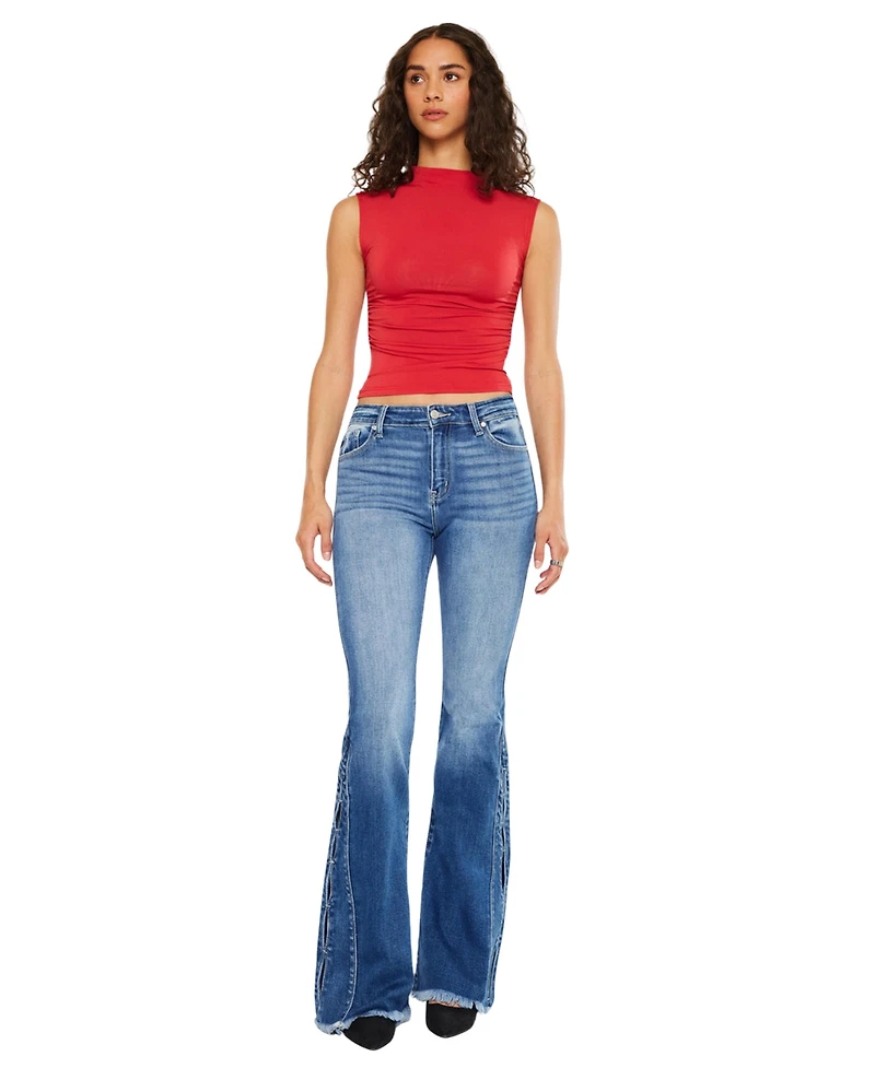 KanCan Women's Rila High Rise Flare Frayed Hem Jeans