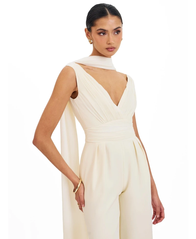 Miss Circle Women's Harper Ivory Ruched V-Neck Jumpsuit with Scarf