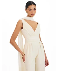 Miss Circle Women's Harper Ivory Ruched V-Neck Jumpsuit with Scarf