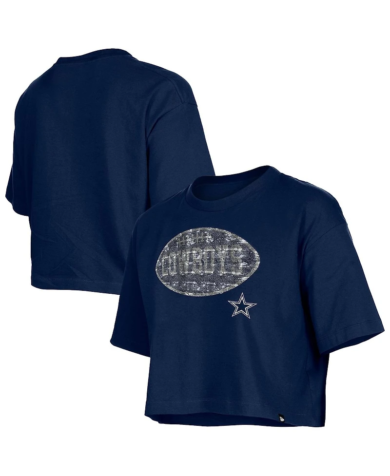 New Era Girl's Navy Dallas Cowboys Flip Sequin Boxy T-Shirt