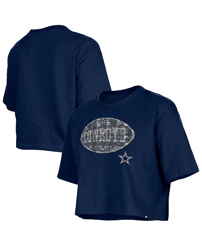New Era Girl's Navy Dallas Cowboys Flip Sequin Boxy T-Shirt