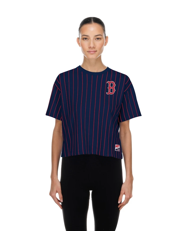 New Era Women's Navy Boston Red Sox Throwback Meshback Pinstripe Boxy T-Shirt