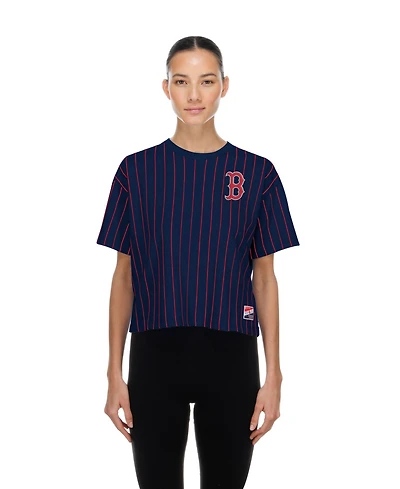 New Era Women's Navy Boston Red Sox Throwback Meshback Pinstripe Boxy T-Shirt