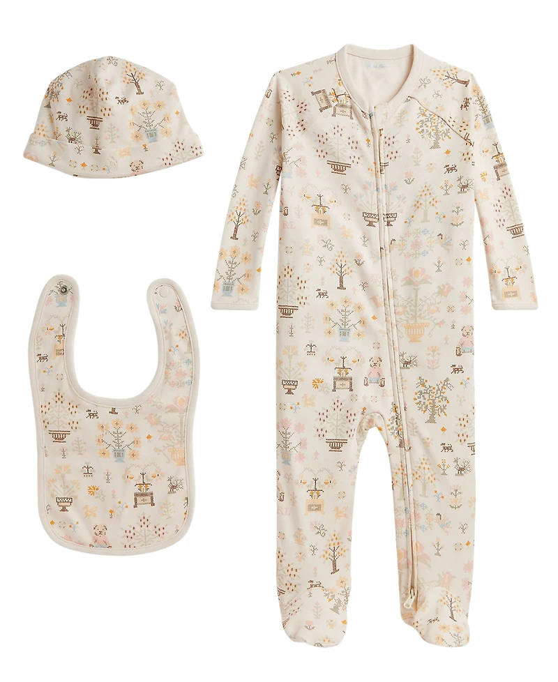 Polo Ralph Lauren Baby Girls' Polo Bear Cotton Full-Sleeve One-Piece, Bib and Beanie Hat, 3-Piece Set