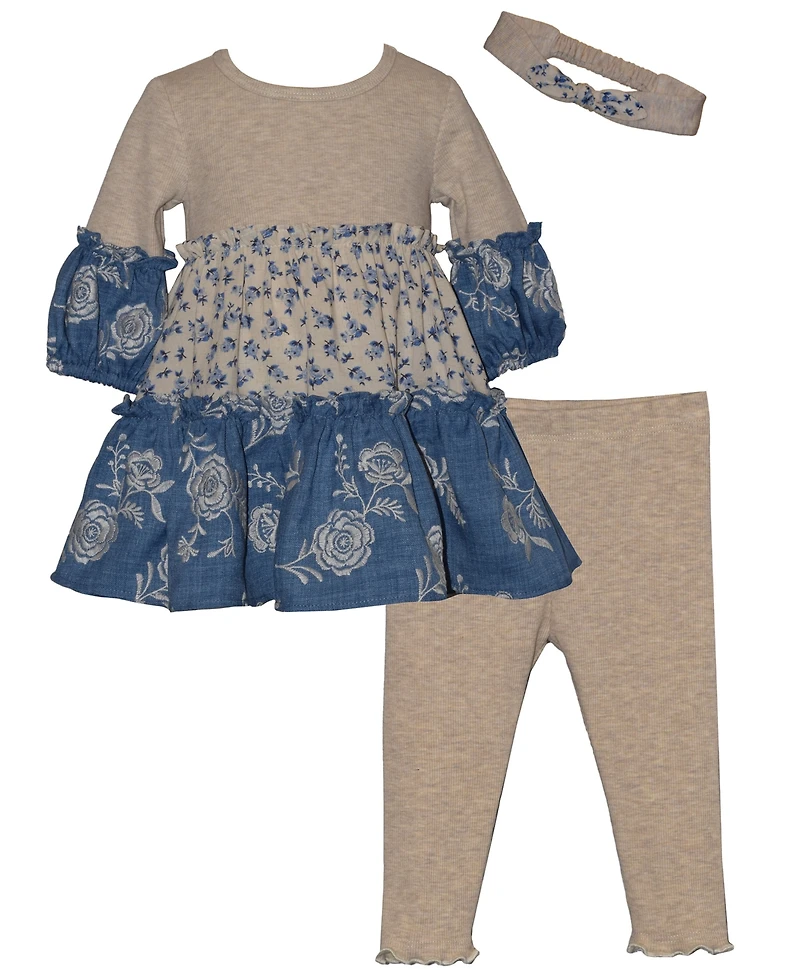 Bonnie Baby Girls' Long-Sleeve Top, Pants and Headband, 3-Piece Set