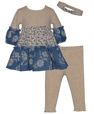 Bonnie Baby Girls' Long-Sleeve Top, Pants and Headband, 3-Piece Set