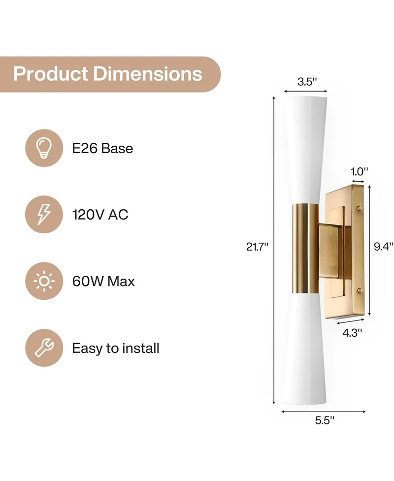Tribesigns 21.7" Wall Sconces, 2-Light Modern Wall Light Fixture with Frosted Glass Shade