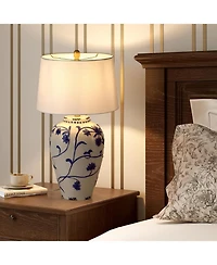 Tribesigns 27-Inch Table Lamp with Porcelain Ginger Jar, Embossed Floral Ceramic Base with Fabric Shade