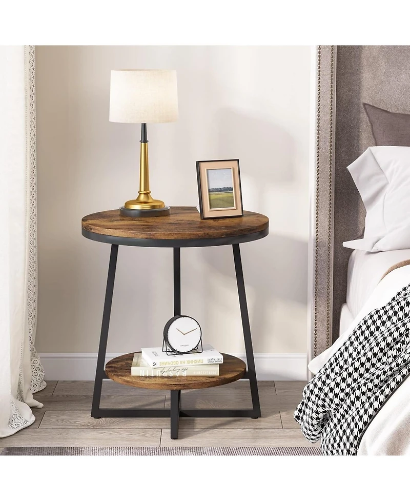 Slickblue Round Accent Bedside Table with 2 Tier Storage Shelf and Metal Frame