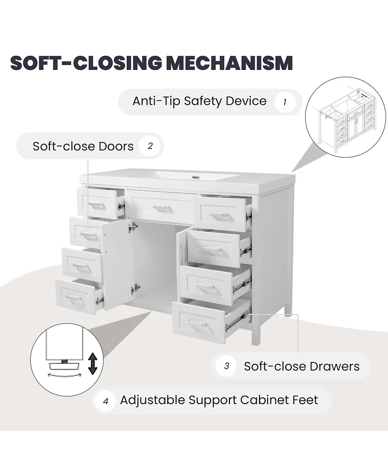 Sillysis 47 Inch Bathroom Vanity Cabinet, Freestanding Storage with Soft Close Drawers, Solid Wood Base for Modern Bathroom