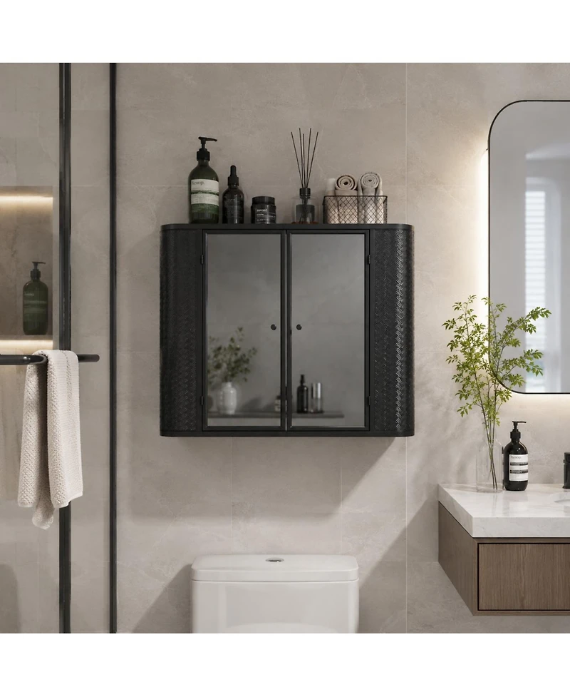 Phying Farmhouse Wall Mounted Mirror Cabinet Metal Frame Storage Organizer with 2 Mirrored Doors and Open Shelf for Bathroom Vanity Over Sink