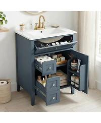 Sillysis 24 Inch Bathroom Vanity with Ceramic Sink, Classic Modern Freestanding Cabinet, Soft Close Drawers for Small Bathrooms
