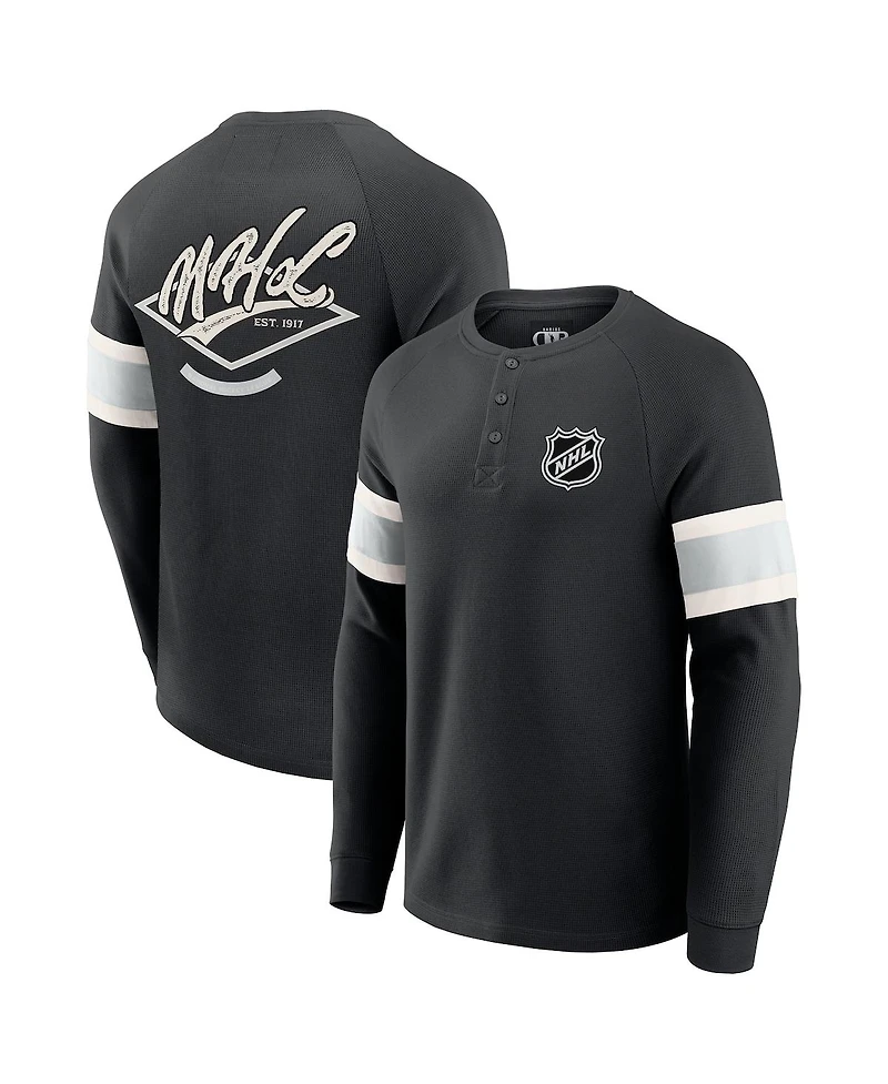 Fanatics Men's Black Nhl Waffle-Knit Raglan Long Sleeve Henley T-Shirt