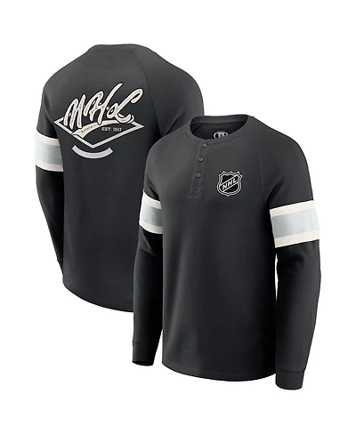 Fanatics Men's Black Nhl Waffle-Knit Raglan Long Sleeve Henley T-Shirt