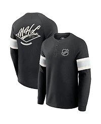 Fanatics Men's Black Nhl Waffle-Knit Raglan Long Sleeve Henley T-Shirt
