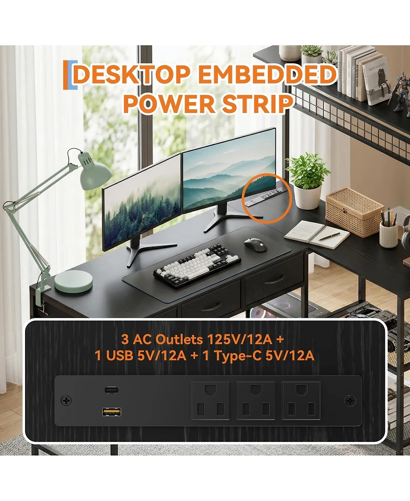 gaomon 50.4" L Shaped Computer Desk with Power Outlets and Led Lights, Reversible Home Office 3-Tier Storage Shelves Drawer