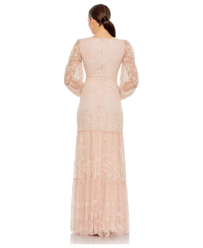 Mac Duggal Women's Sequined Tiered Wrap Over Puff Sleeve Gown