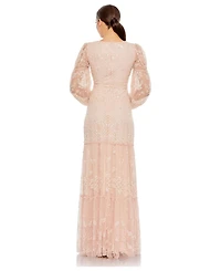 Mac Duggal Women's Sequined Tiered Wrap Over Puff Sleeve Gown